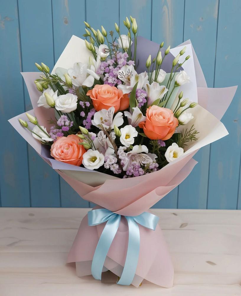 Букет цветов из: Лизиантусы, Розы, Альстромерии и Гипсофила в Архиповском