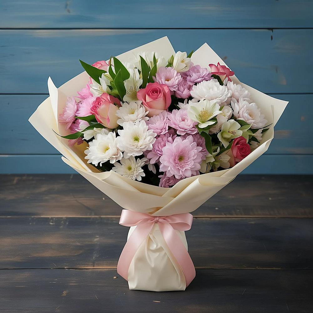 Букет цветов из: Хризантемы, Альстромерии и Розы в Архиповском